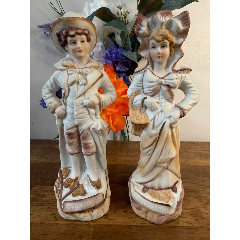Vintage Grandma Grandpa Bisque Porcelain Figurines Victorian Couple Pair